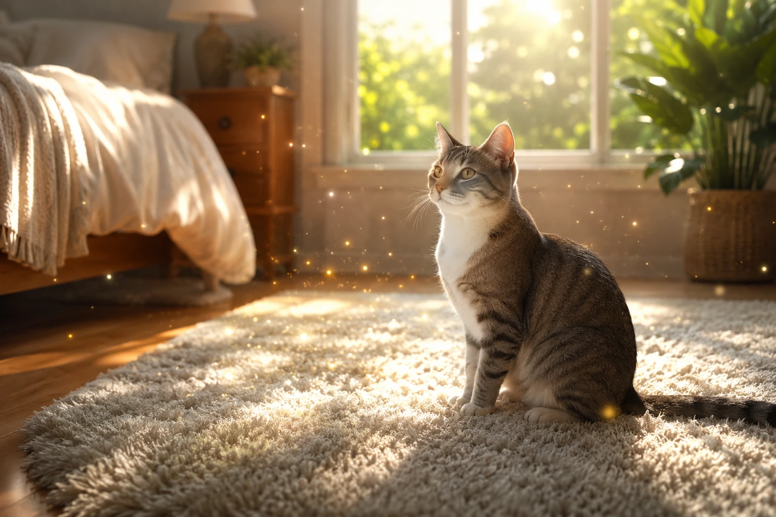 Clean bright room with a fresh pale wool rug and a healthy cat sitting in the window light