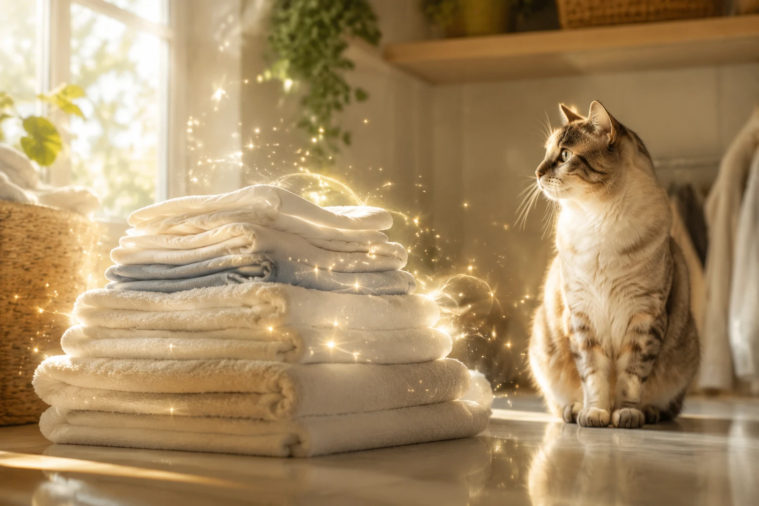 Bright laundry room with a neat stack of fresh folded clothes and a curious cat nearby
