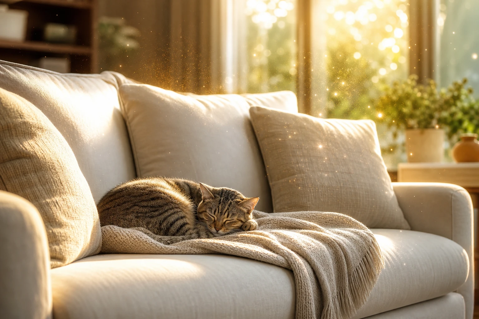 Clean bright living room with a fresh pale sofa and a cat resting peacefully nearby