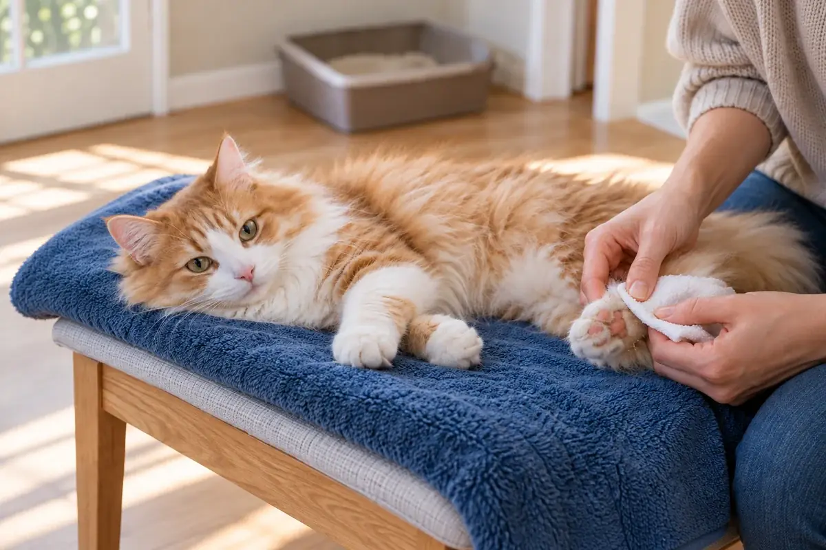 Un chat détendu se fait nettoyer doucement les poils autour d’une patte arrière