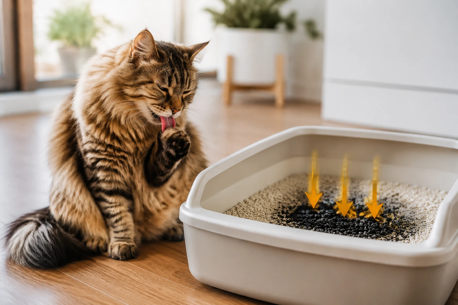 Cat grooming beside a clean litter box as odor funnels into activated carbon granules