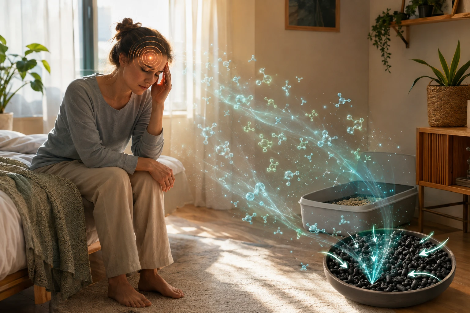 Woman with a headache in a sunlit bedroom while activated carbon granules trap litter box ammonia