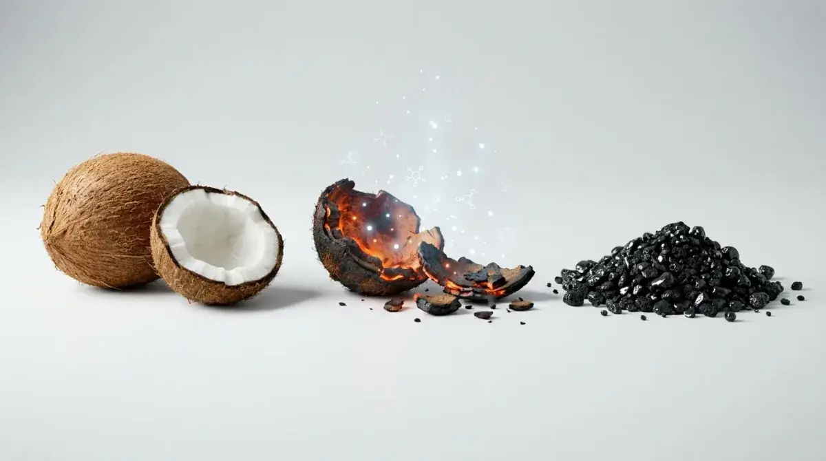 A coconut split open, its shell burning, and the black activated carbon granules it becomes