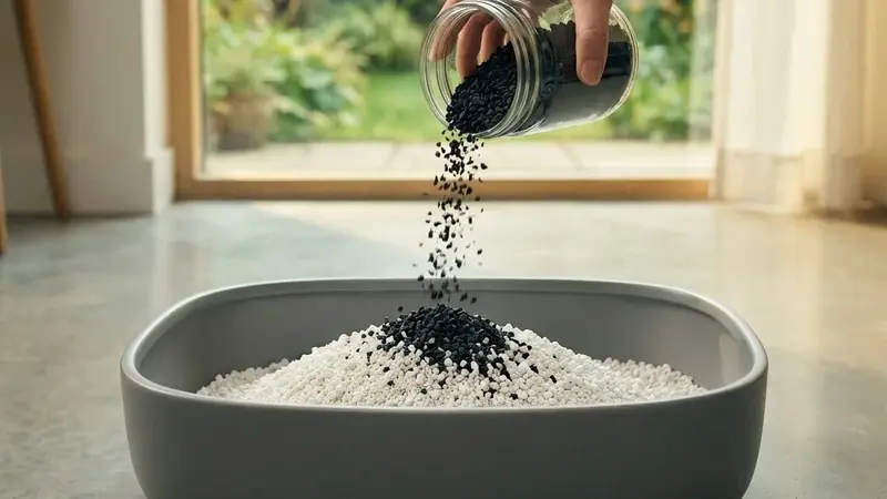 Hand sprinkling black activated carbon granules onto fresh white litter in a grey litter box