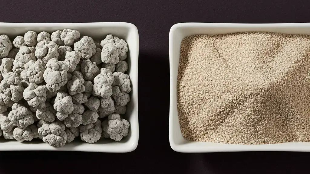 Two trays compared top-down: coarse hard-clumping grey clay litter beside fine sandy-beige clay litter