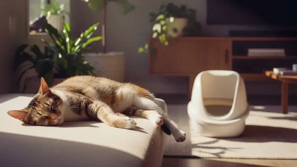 Cat sleeping peacefully in a sunlit living room with a clean litter box nearby and visibly clear air