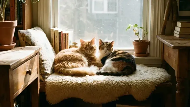Deux chats endormis ensemble sur une peau de mouton pres d une fenetre ensoleillee dans un coin lecture a l air frais