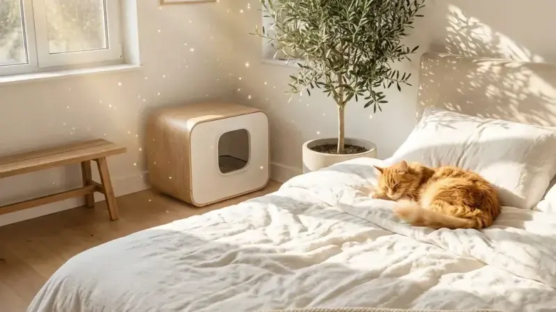 Orange cat asleep on a bed in a calm, fresh-smelling bedroom with a covered litter box in the corner
