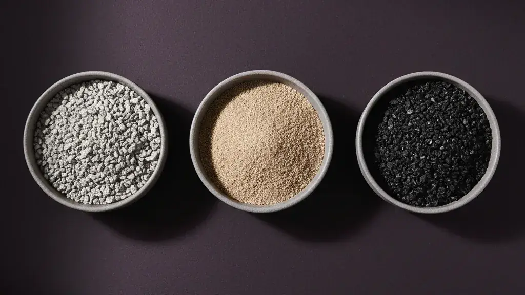 Trois bols vus de haut : litière d'argile grise grossière, litière d'argile beige fine et granules noires de charbon actif