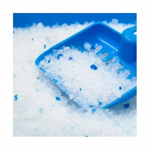 Billes translucides de gel de silice dans un bac à litière propre