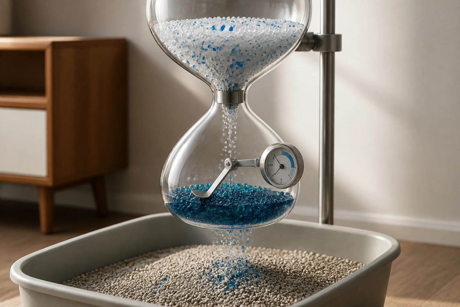 Crystal litter flowing through an hourglass into a litter box
