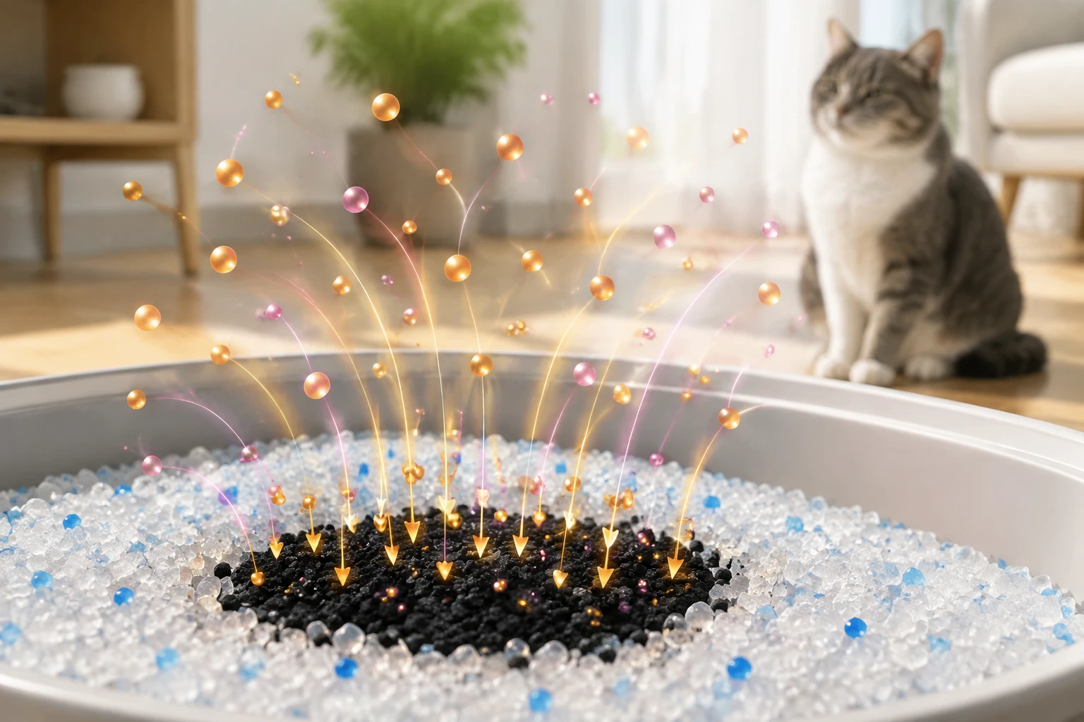Traînées d'odeur dirigées vers des granules de charbon actif dans une litière de cristal