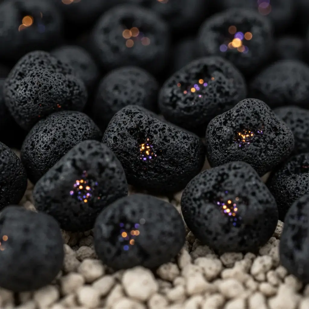 Macro view of black activated carbon granules with captured odor molecules glowing inside their pores, the air above perfectly clear