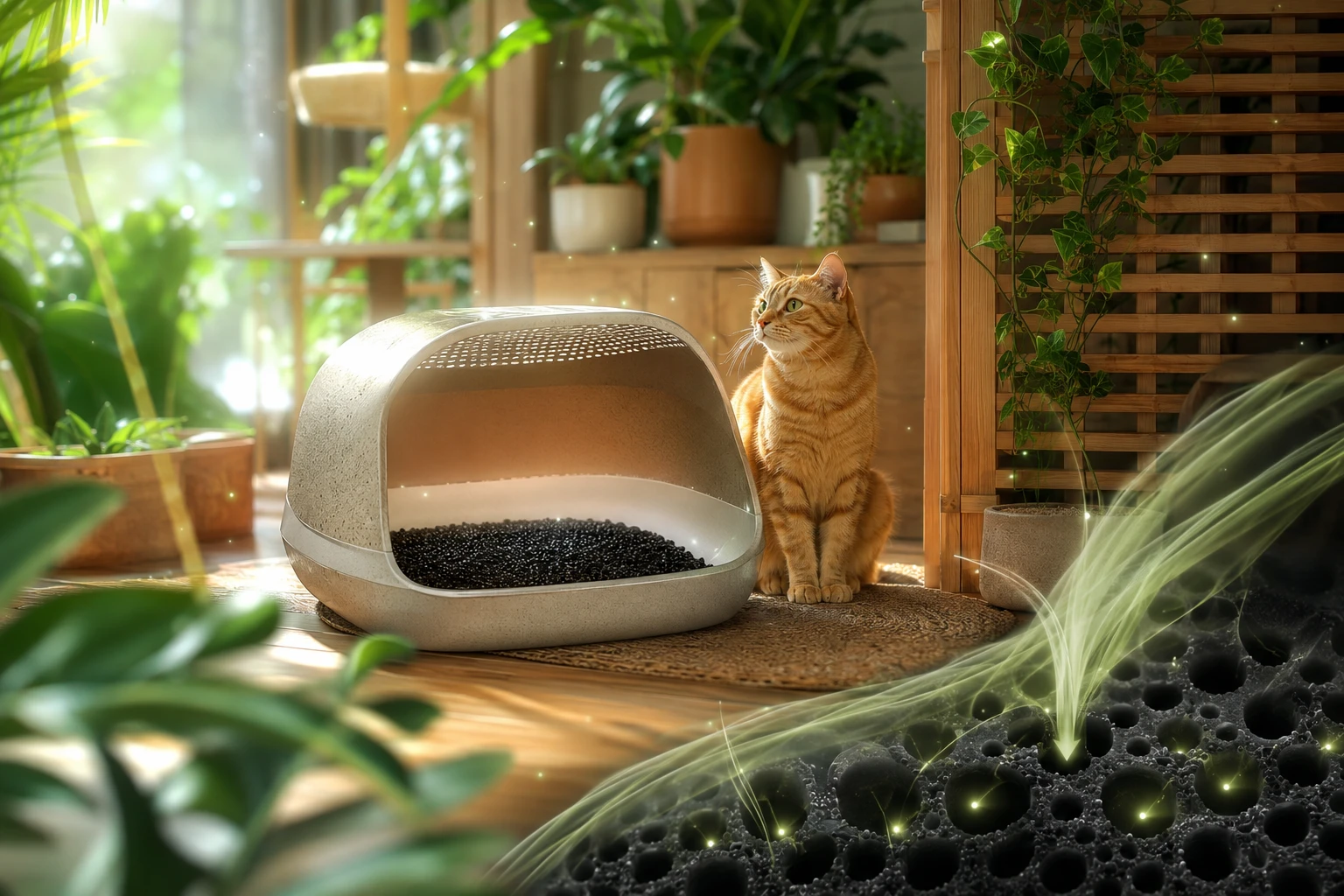 Chat dans une maison ecologique remplie de plantes avec granules de charbon actif de coco dans le bac