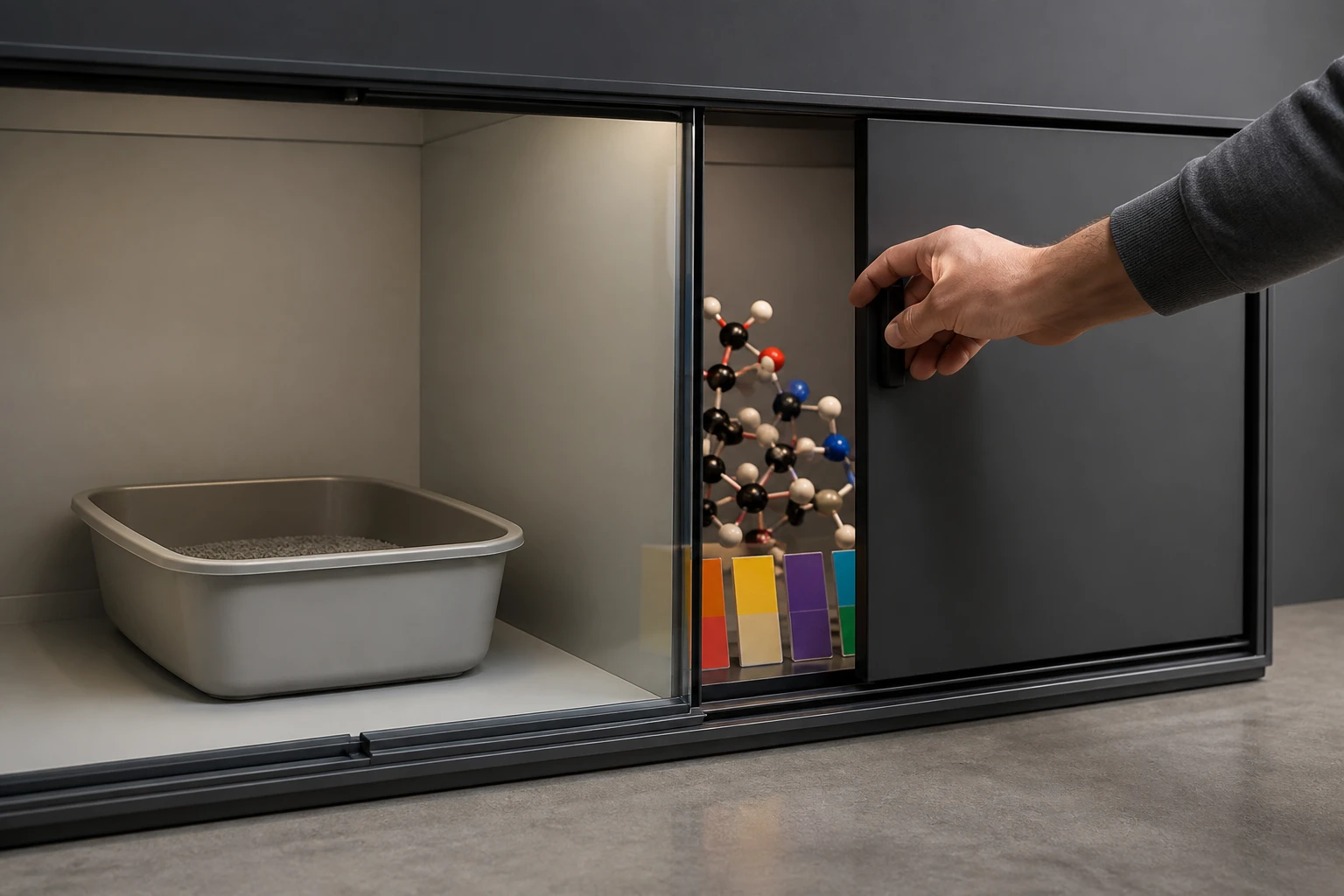 Hand placing a scent sample in a sealed cabinet beside a litter box