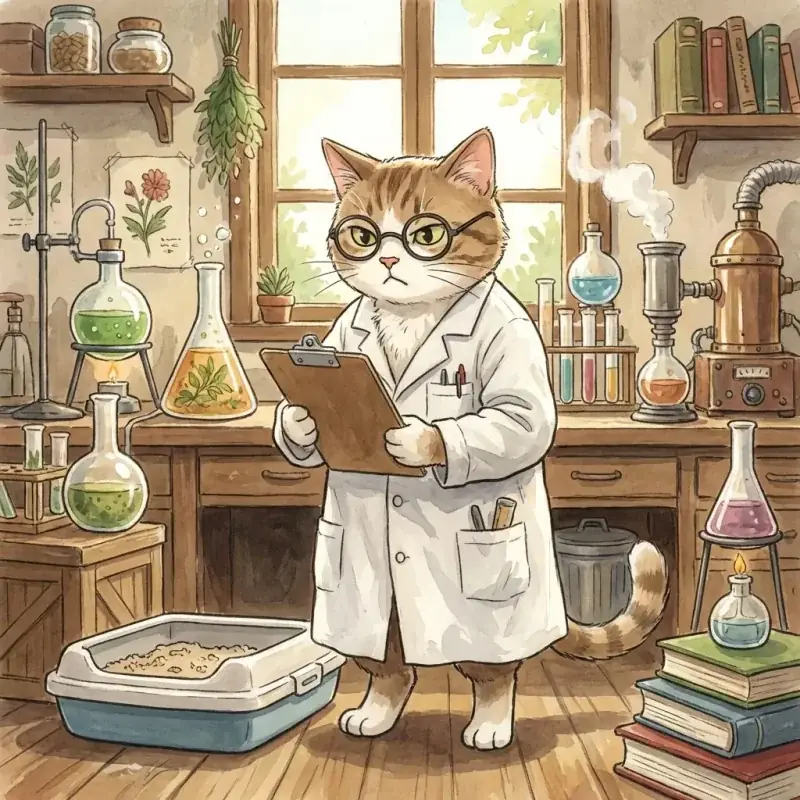 Scientist cat tracking litter box data on a clipboard in Ghibli style
