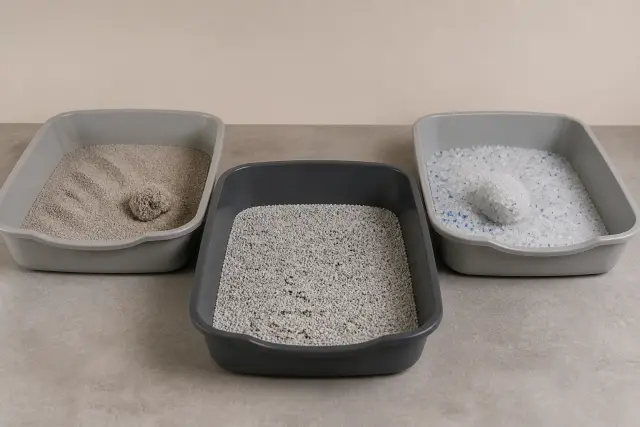 Three litter boxes comparing different deodorizing approaches