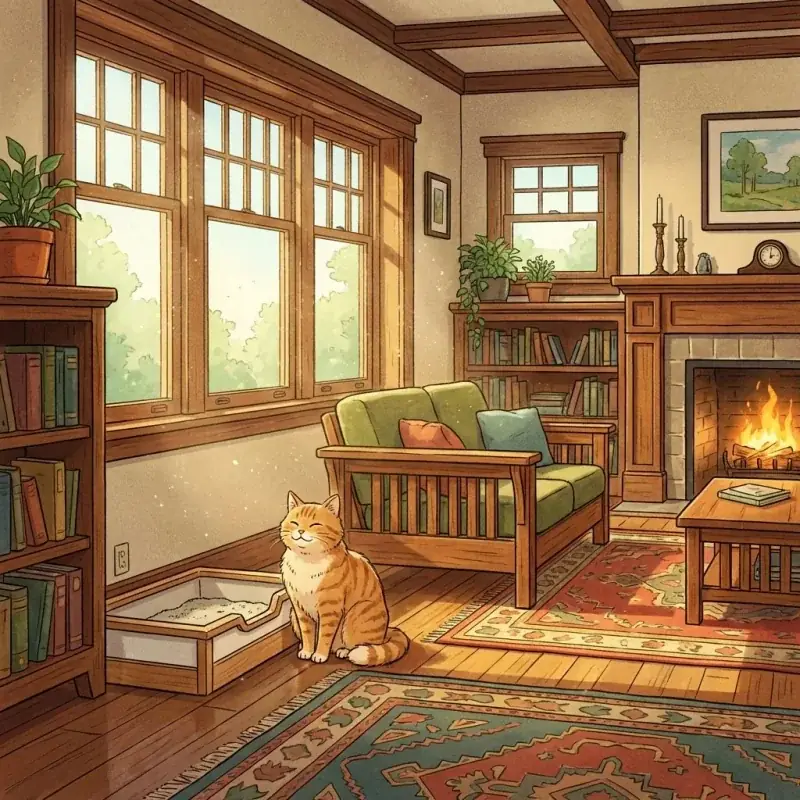 Illustration of a home with a cat and no odor