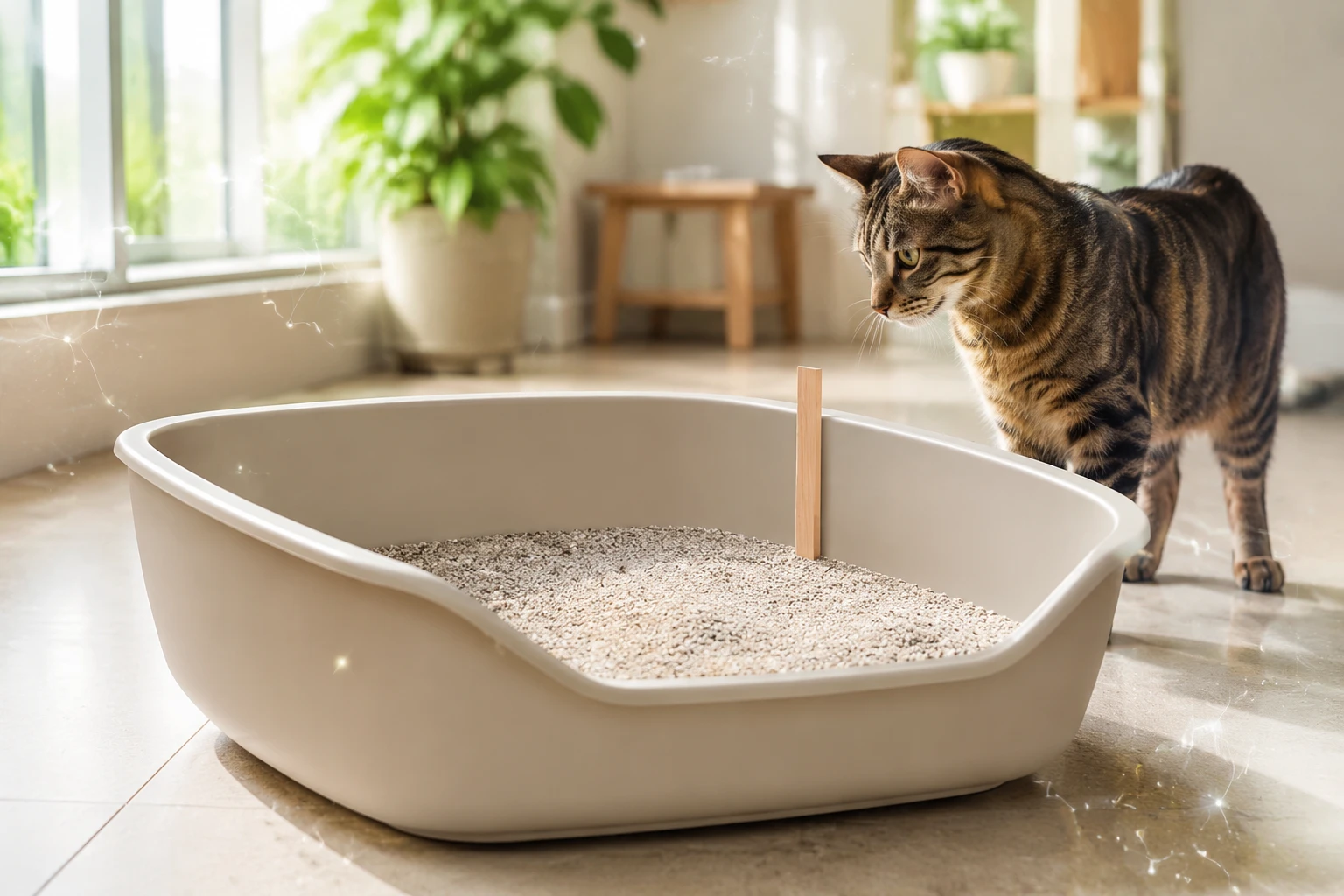 Clean litter box with an even litter layer measured beside a relaxed tabby cat