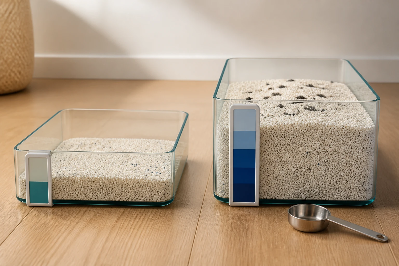 Litter boxes at different depths with an empty tablespoon measure