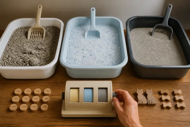Three litter boxes and a tactile calendar for different change schedules
