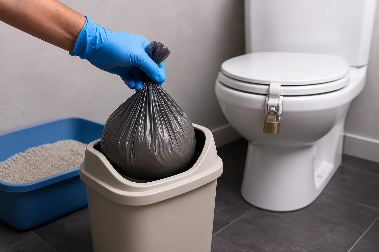 Une main gantée ferme un sac de litière usagée près de toilettes