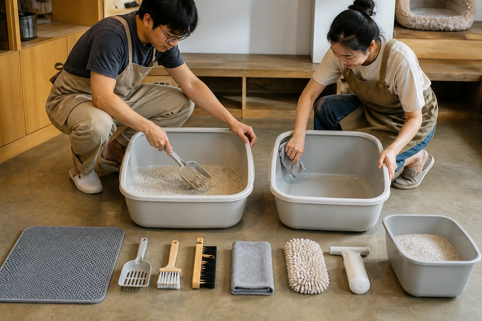 Two people cleaning litter boxes together with organized tools