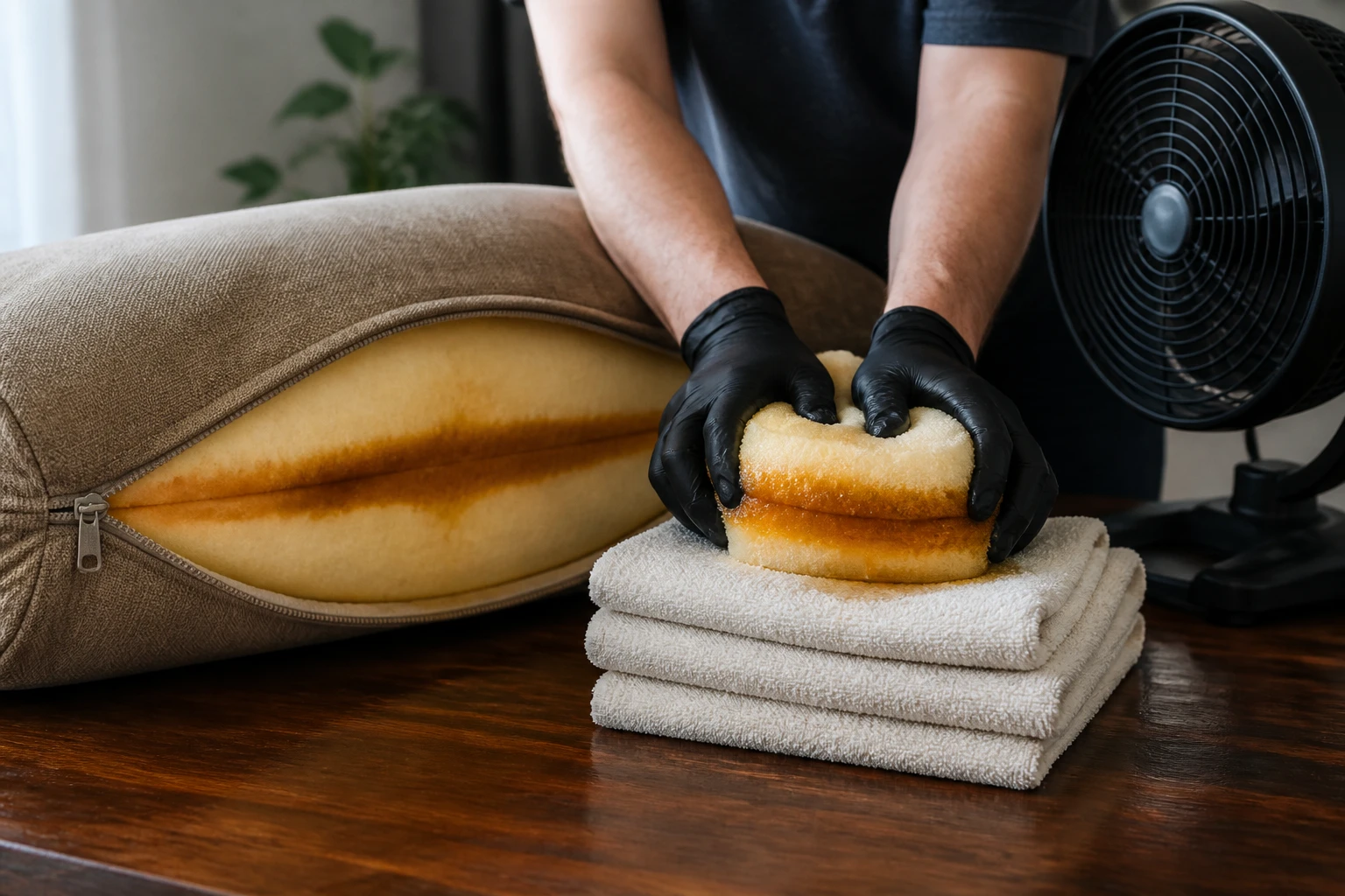 Person treating an opened sofa cushion beside folded towels
