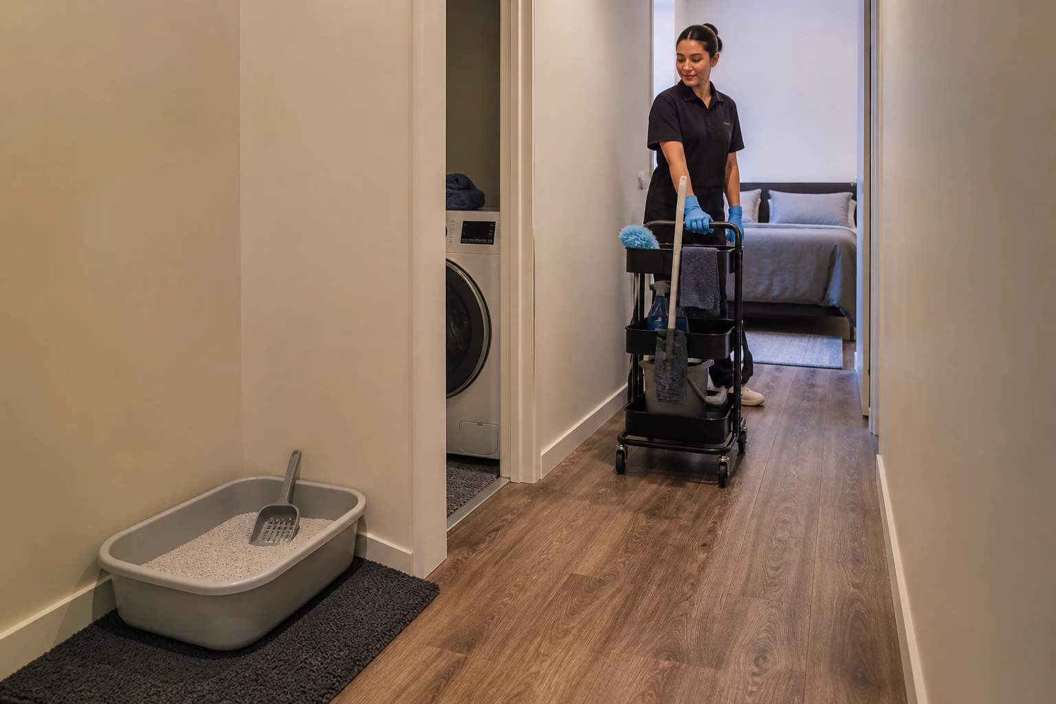 Person cleaning an apartment hallway near a litter box