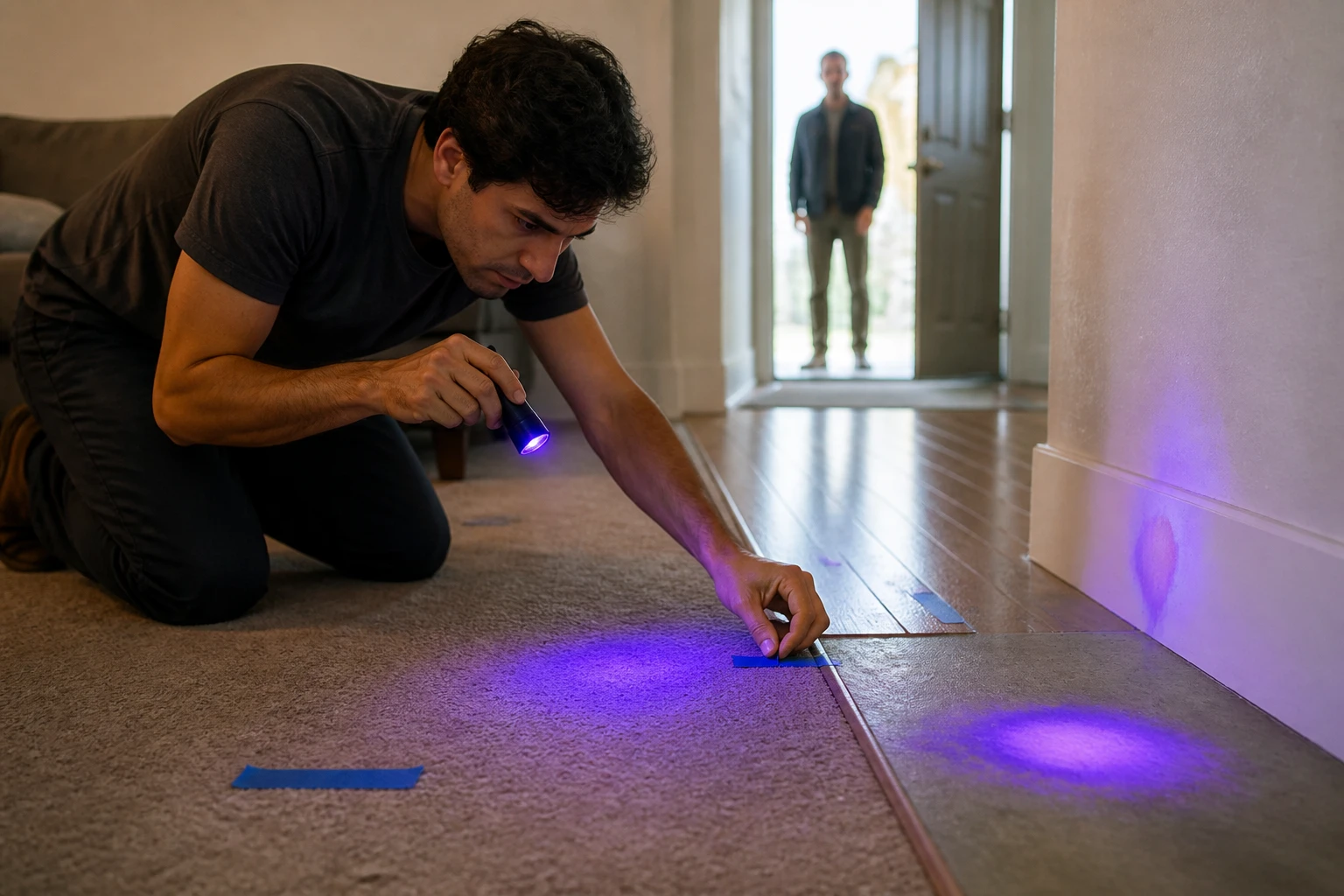 Person finding urine marks on apartment flooring with ultraviolet light