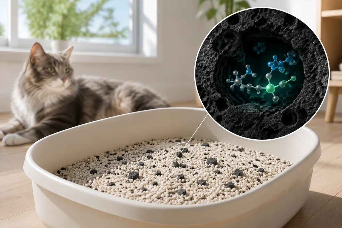 A cat beside its litter box as the smell is pulled into a dish of activated carbon granules