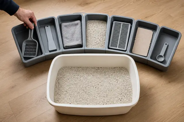 Litter box surrounded by seven practical odor-control tools