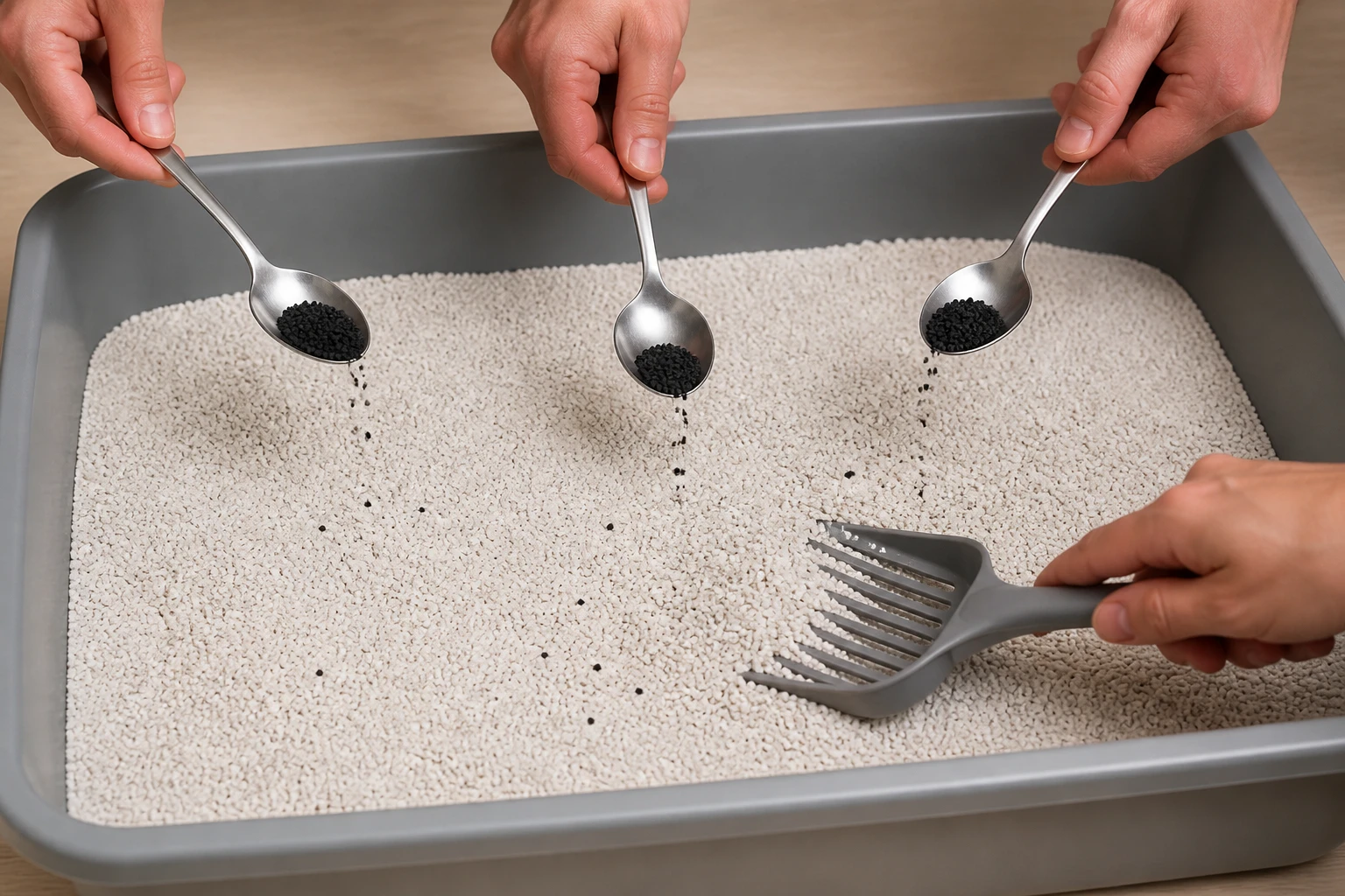 Three level tablespoons adding activated carbon granules to pale litter