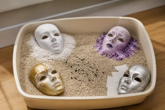 Theatre masks resting on litter to illustrate masking scents