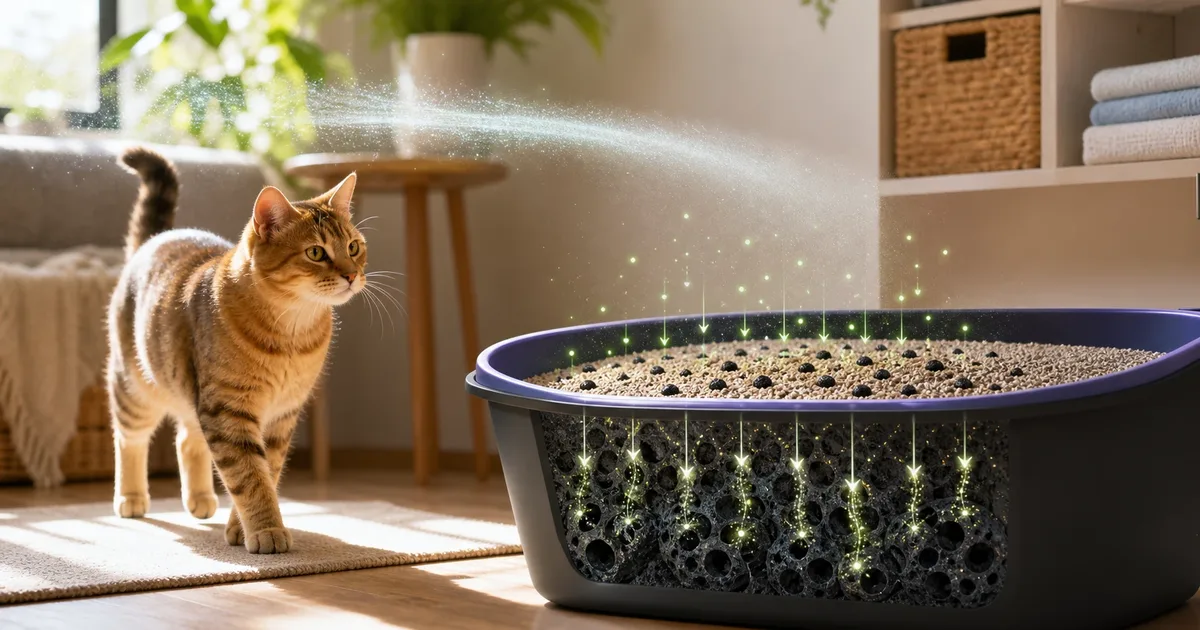 Granulés de charbon de coco activé Purrify à côté d'une litière propre