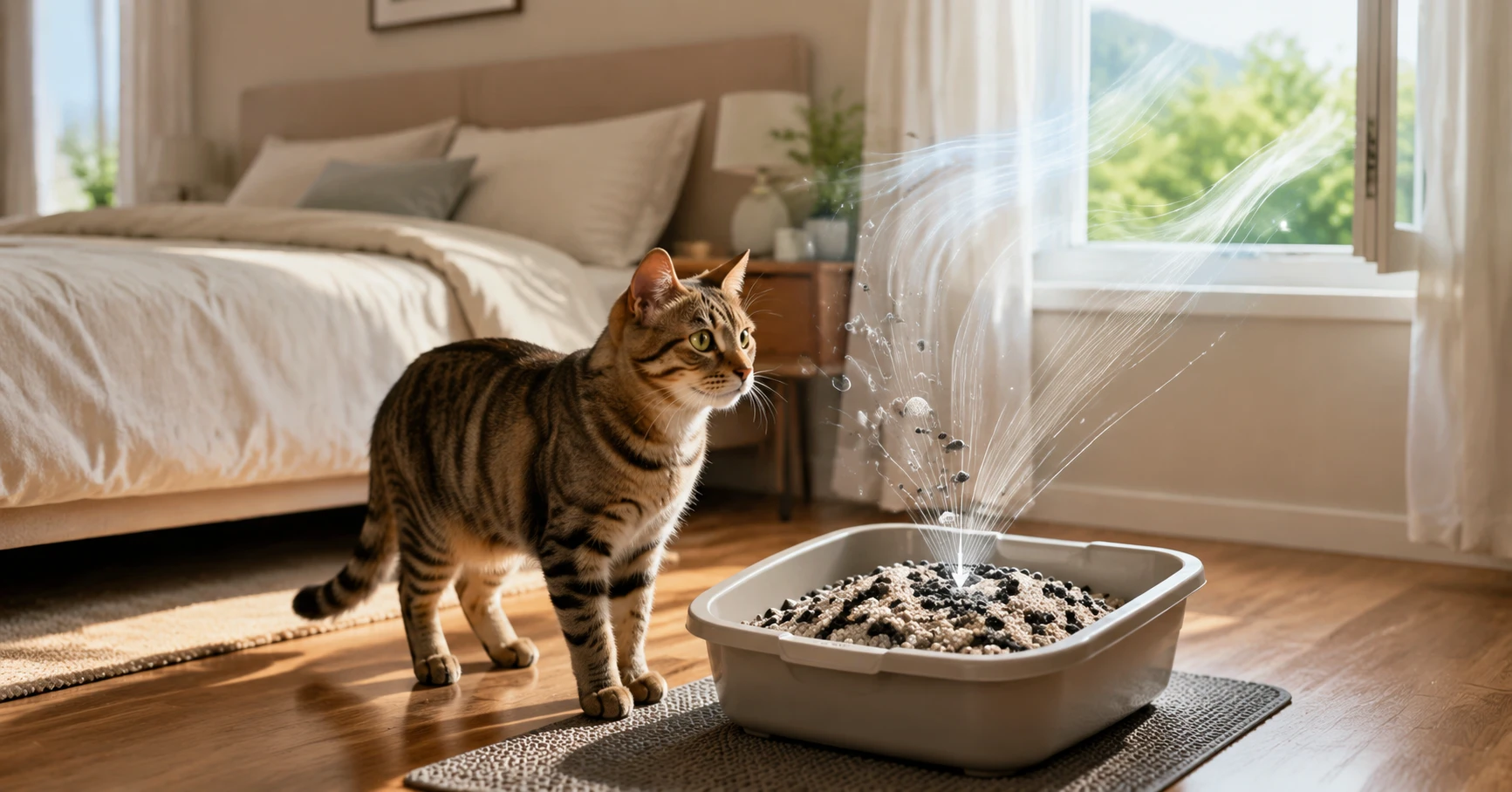 Clean litter box near an open bedroom window with a relaxed cat and visible airflow