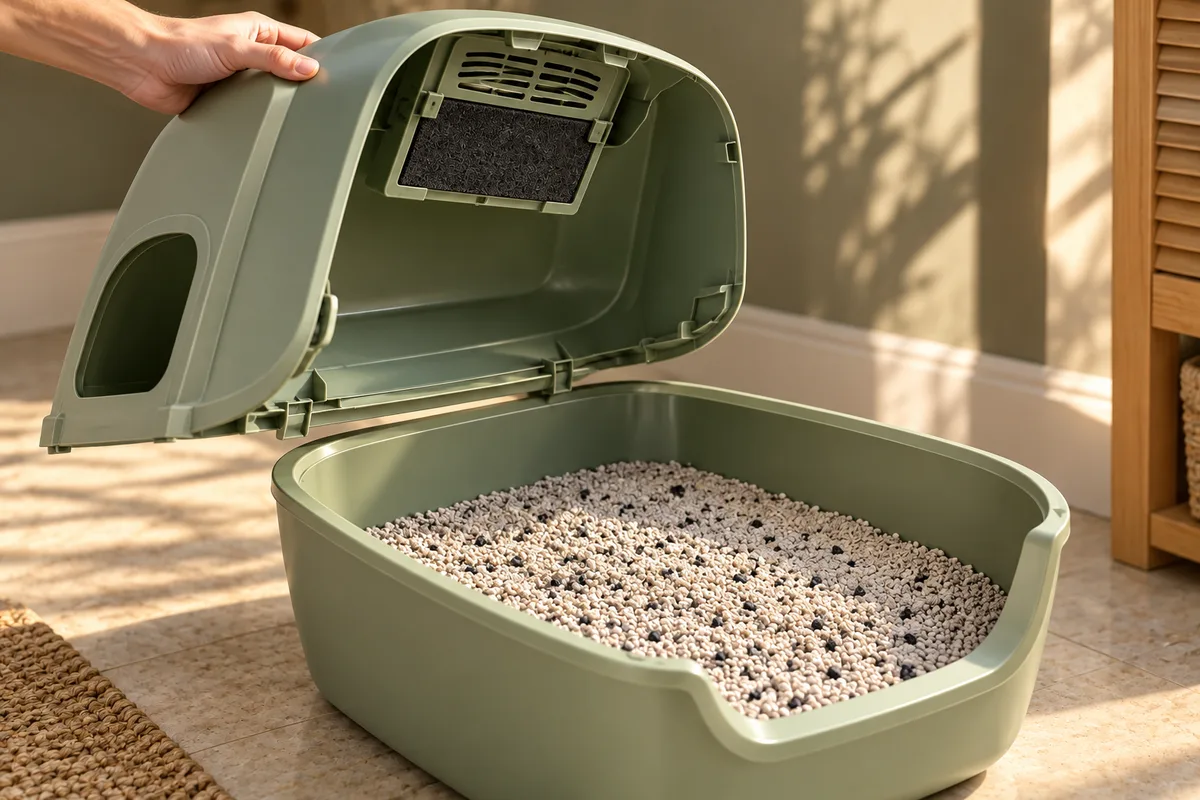Capot vert soulevé montrant un filtre à charbon fixé au-dessus de la litière parsemée de granules