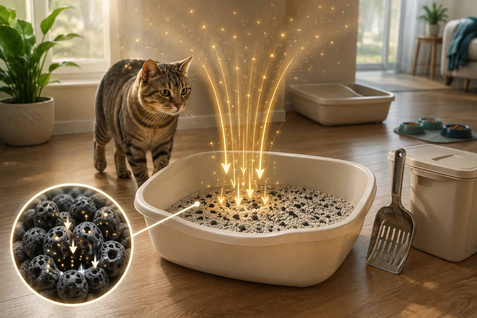 Cat beside a clean litter setup as odor funnels into activated carbon granules