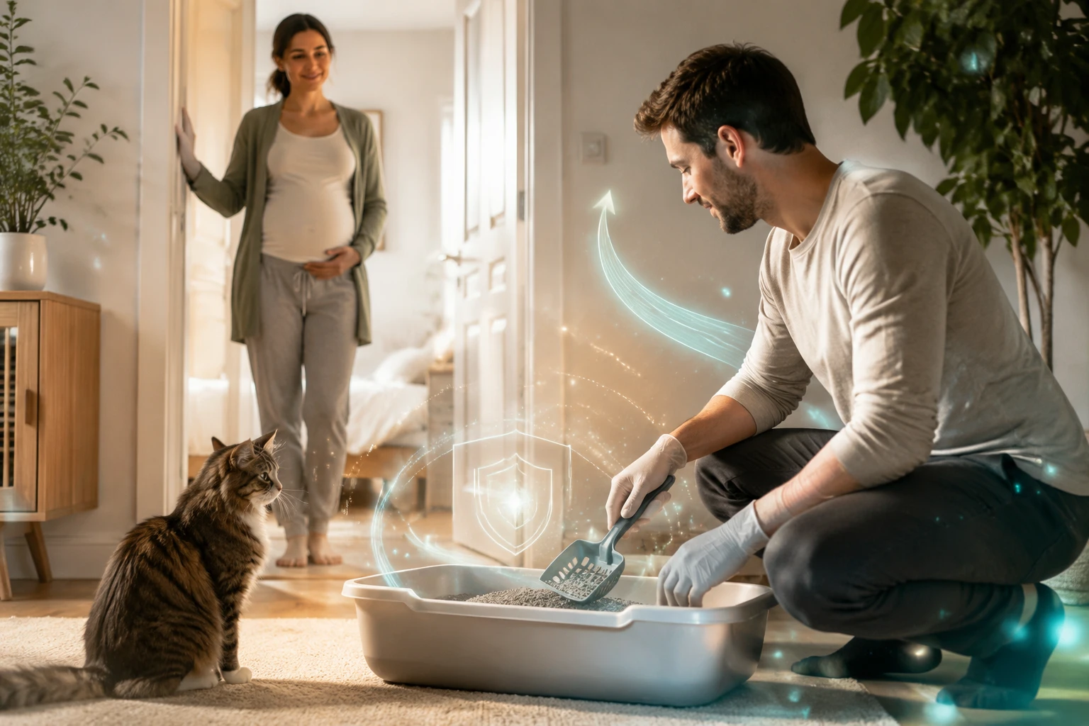 Pregnant cat owner watches as a partner safely scoops a clean litter box
