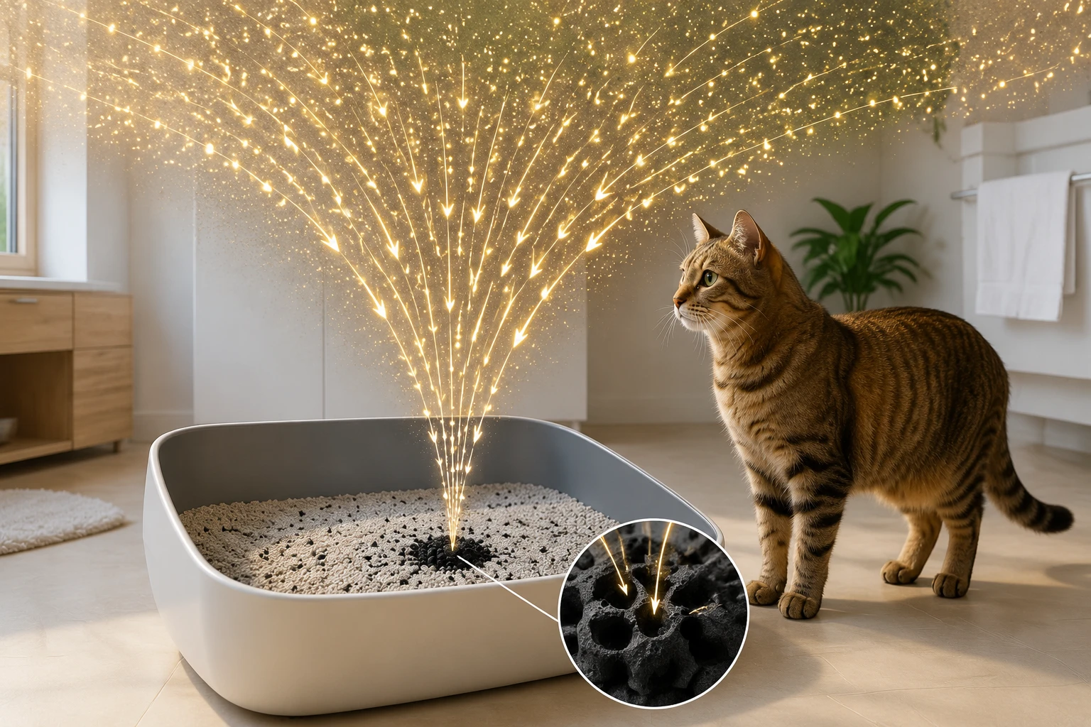 Cat by a clean litter box as sulfur-like odor funnels into activated carbon granules