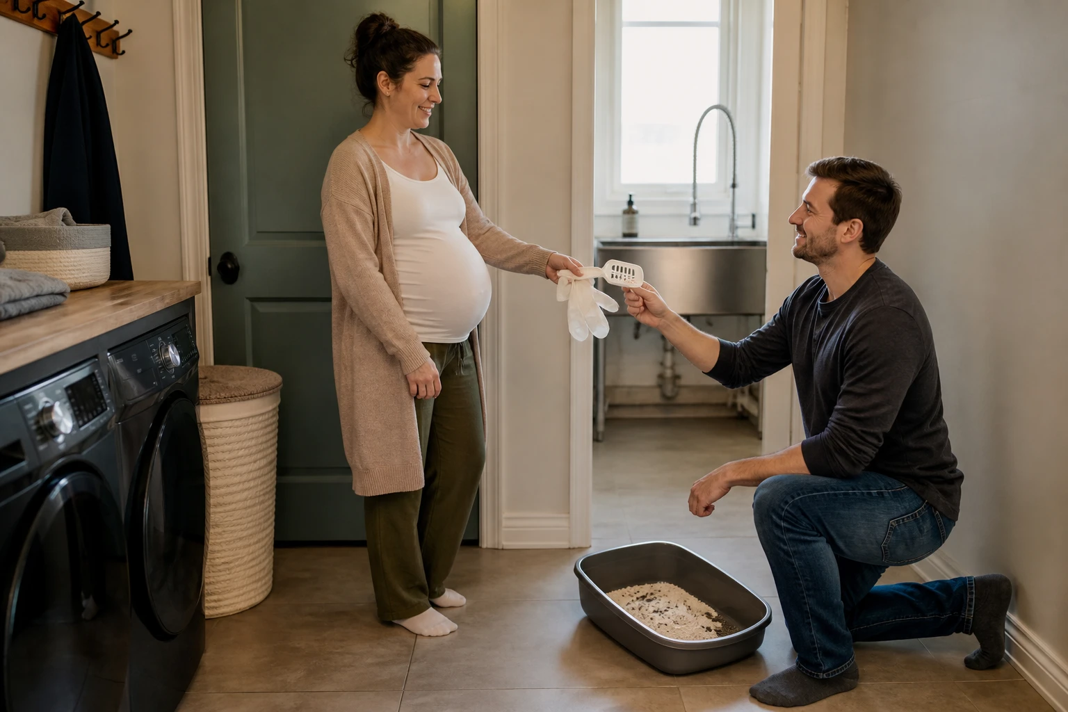 Pregnant person passing litter box care to a partner in a laundry room