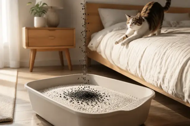 Activated carbon granules falling into a litter box while a cat stretches nearby