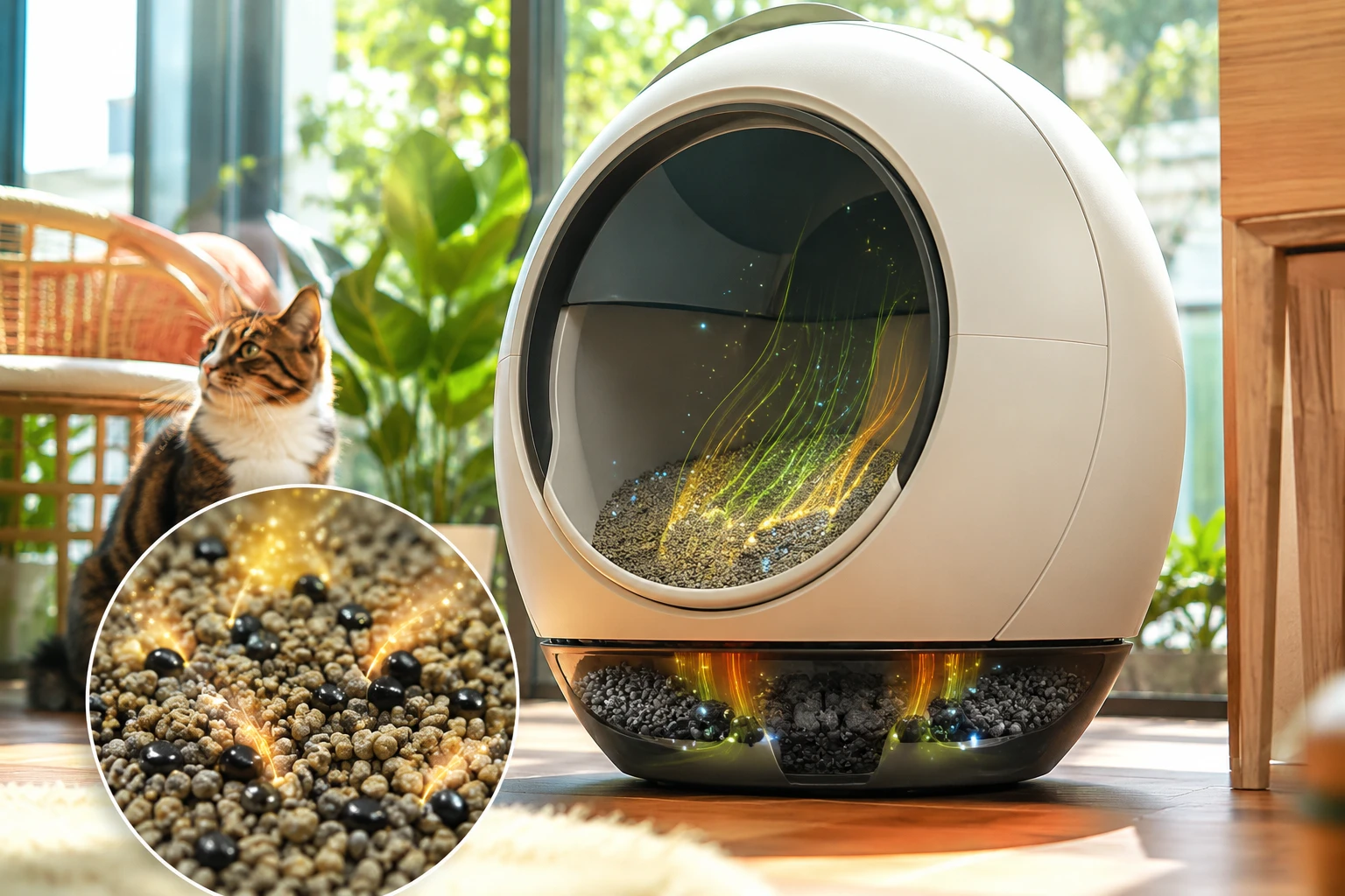 Automatic dome litter box with activated carbon granules mixed into the litter as a filter alternative