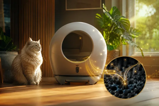 Automatic litter box in a fresh home with activated carbon granules trapping odor