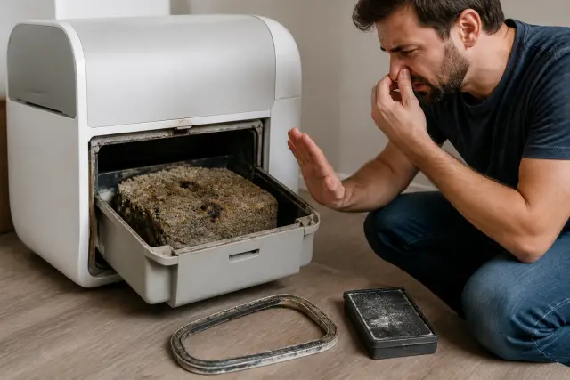 Person inspecting an open Litter-Robot waste drawer and worn gasket
