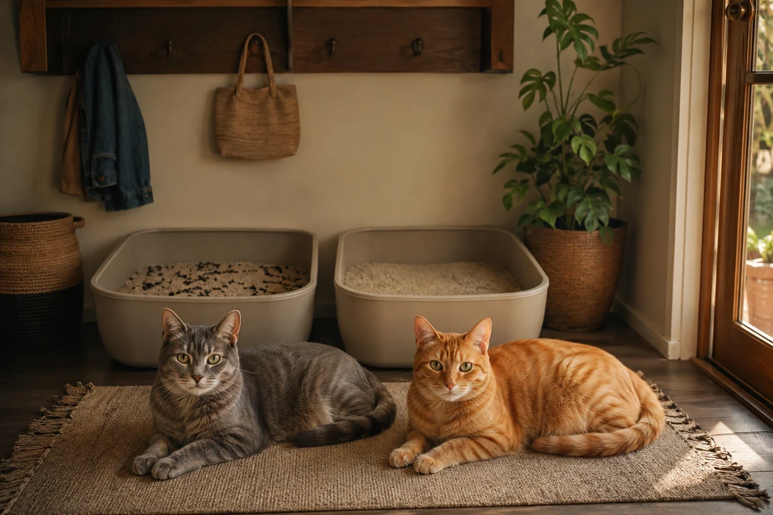 Deux chats se reposant sur un tapis à côté de leurs bacs à litière dans l'entrée d'un petit appartement