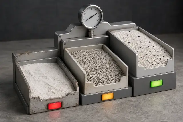 Three litter trays in a stepped test station with a pressure gauge