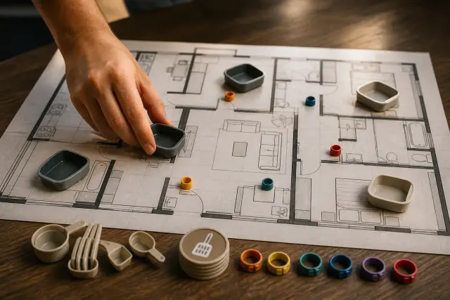 Une main place des modèles de bacs à litière sur un plan de foyer avec plusieurs chats