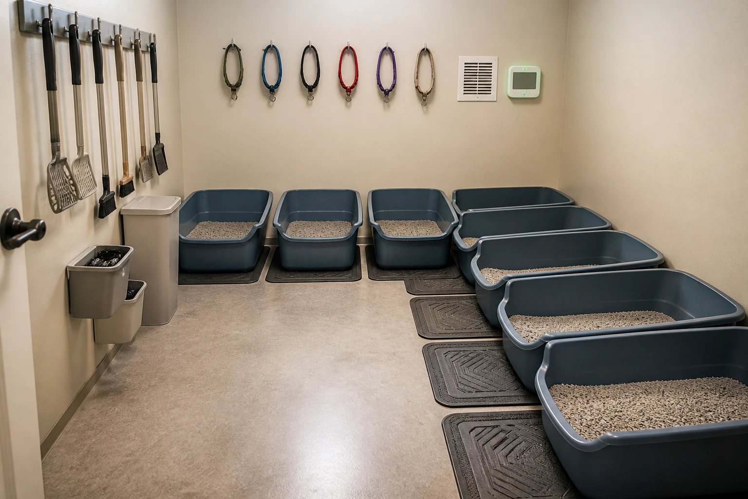 Rows of litter box stations and tools for a multi-cat care system