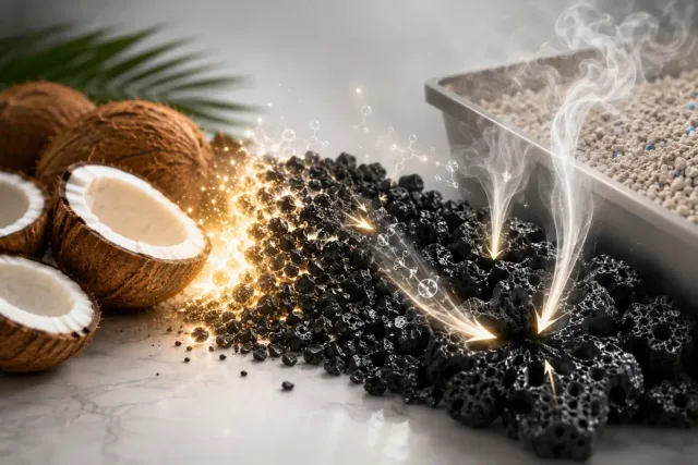 Coconuts becoming activated carbon granules that trap cat litter odor